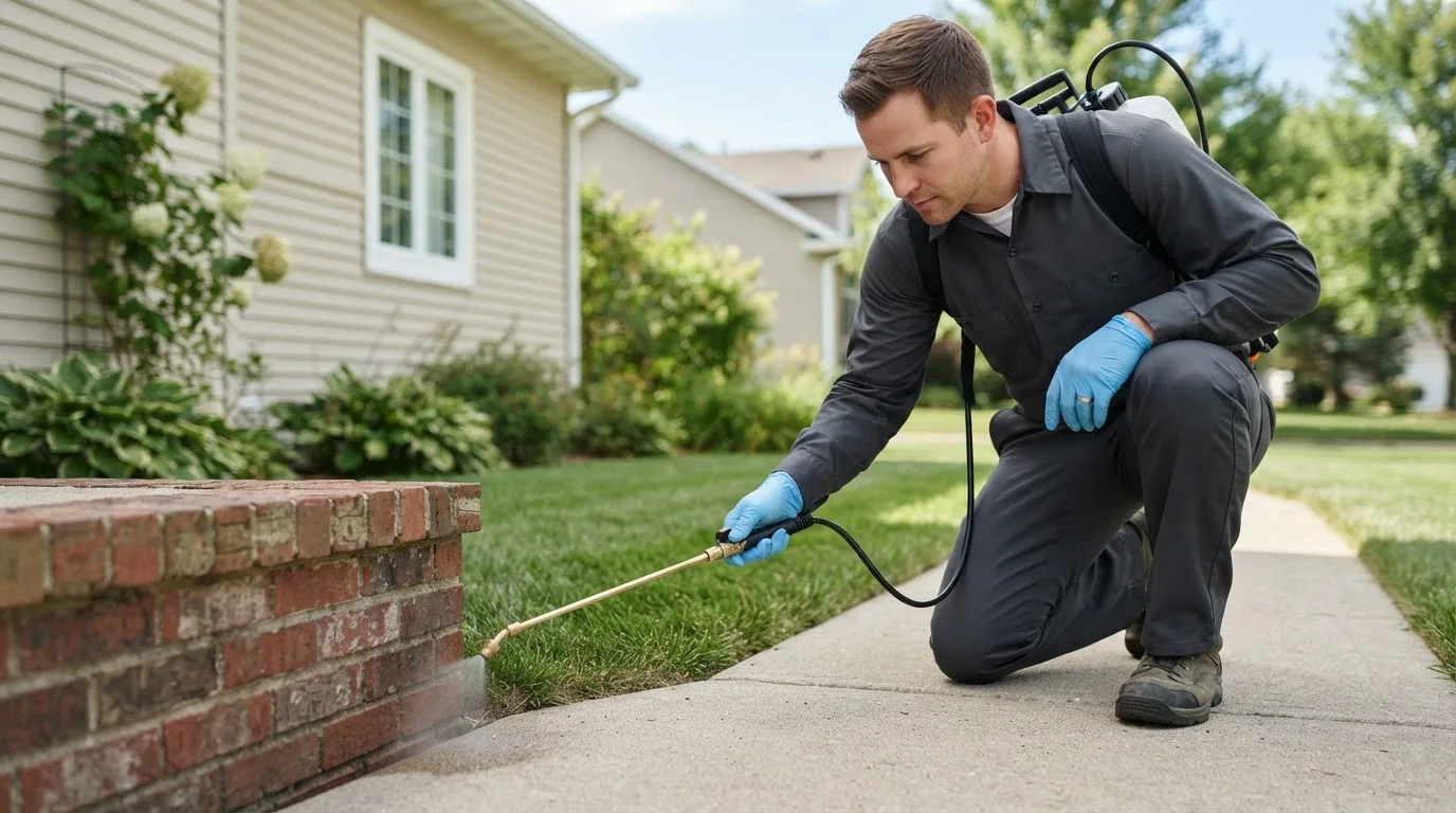 Pest control technician treating a home near Suamico, WI